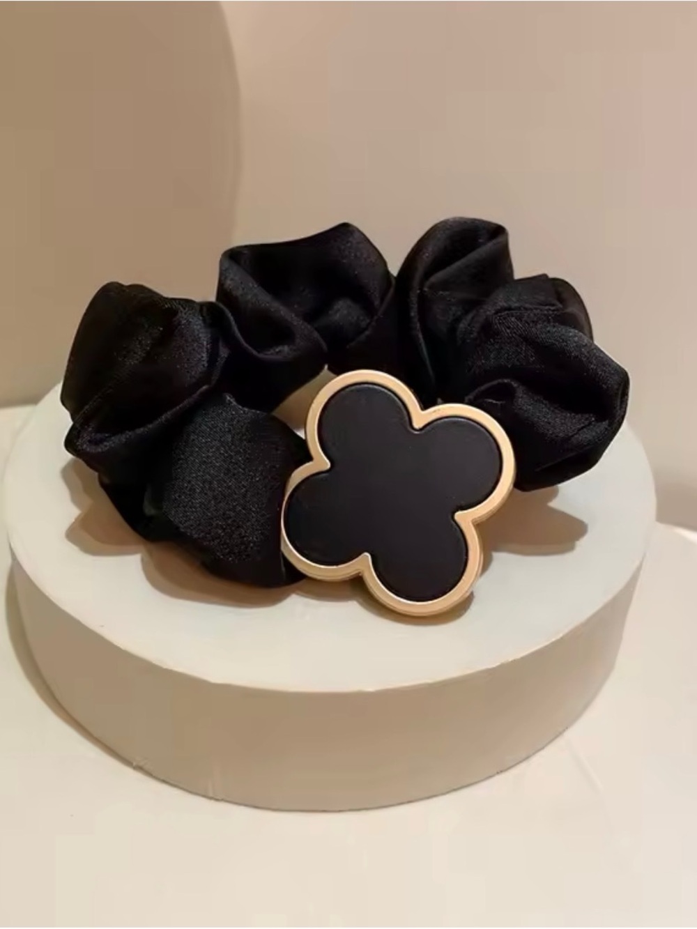 Luxury Black Satin Hair Scrunchie Clover Charm Hair Tie Ponytail NWOT